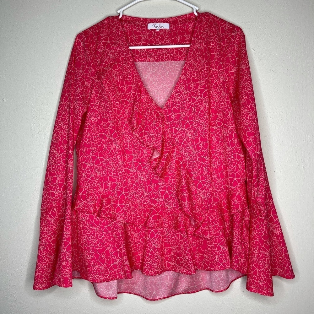 Parker Pink Flower Ruffled Peplum Sleeve Shirt